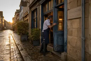 A baker opening a blue wooden door on a quiet cobblestone street at dawn in Honfleur, golden light illuminating stone walls and reflecting off morning puddles.