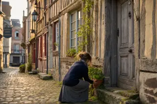 Serene alley in Honfleur at sunrise, half-timbered facades glowing, a local woman tending plants by an old doorway, soft golden light enhancing textures.
