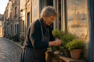 Honfleur local tending herbs on a rustic window ledge in soft golden light, with historic façade and cobbled street in the background.