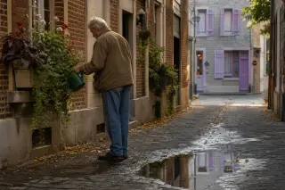 Local quietly watering window boxes on a narrow cobblestone street in Saint-Léonard, with textured old bricks and soft autumn light.