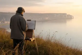 Personne marchant seule sur un sentier bordé de bocages normands au petit matin brumeux, lumière dorée douce et atmosphère paisible