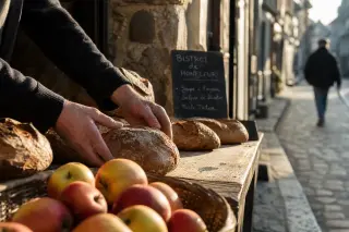 Artisan's hands setting out bread and apples on a wooden table outside a bistro at dawn in a cobbled Honfleur street, golden light highlighting the scene.