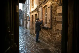 Elderly local adjusting old wooden shutter on a historic stone building in a quiet cobbled street of Honfleur at golden hour, with heritage plaque and glistening stones after rain