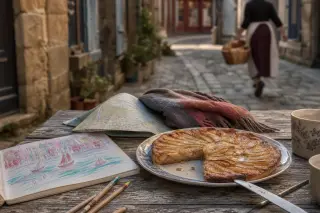 Rustic wooden table with apple tart, child's drawing, and map in golden afternoon light on a cobbled Honfleur street, baker passing in background