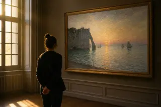 Sole visitor quietly observing a seascape painting in a softly sunlit museum room, warm golden light highlighting details of artwork and architecture.